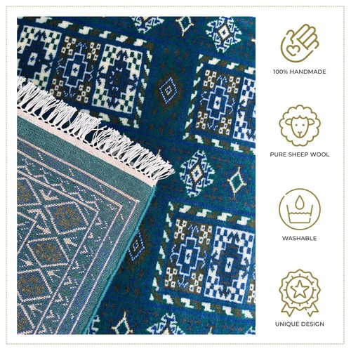 Hand Knotted Wool Area Rug, 4x6 ft (120x180cm), Tribal Geometric Pattern, Blue - Picture 5 of 6