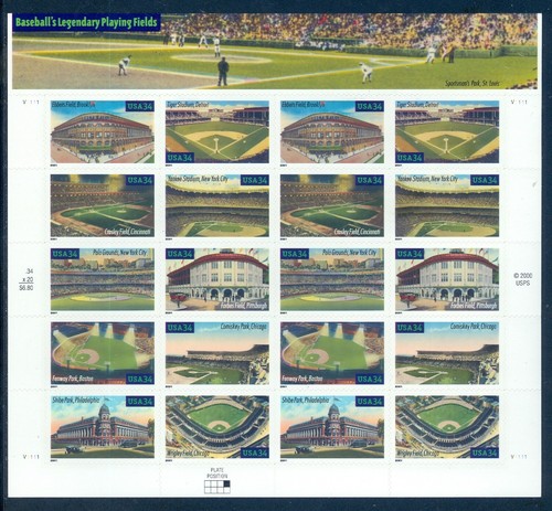 US 3510-3519 Baseball Legendary Playing Fields, Complete Sheet/20, Mint NH