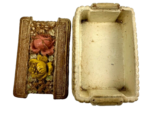 Antique 1930s Syroco Wood Trinket Box, Card Holder Flowers on Top Made NY USA - Picture 2 of 7