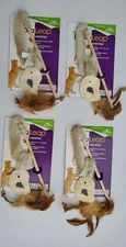 (4) Loofa Leap Wand Interactive Cat Toys Lightweight Loofa, Feathers and Mouse 