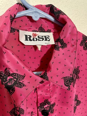 VTG 90s Rose Brand USA Fuchsia Silky AOP Rose Short Sleeve Top Sz