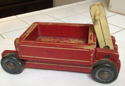 Vtg Small Wooden Toy Wagon 13” Chippy Red Rustic Farm Display  display picture 1