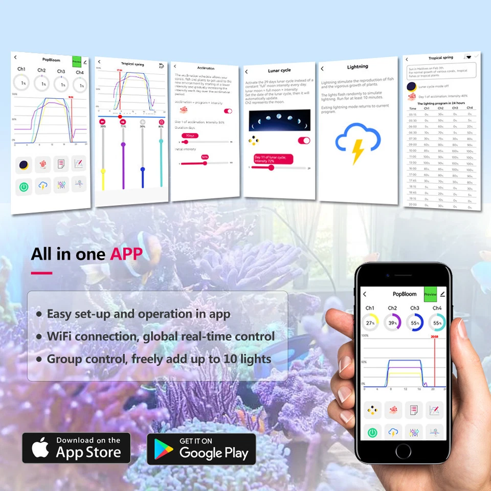 PopBloom RL90 LED Aquarium Light 48 Marine Aquarium LED Full Spectrum Reef Coral - Image 2 of 4