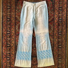 Vintage 60s Embroidered Floral Flared Bell Bottom Jeans Gradient Hippy 28x31