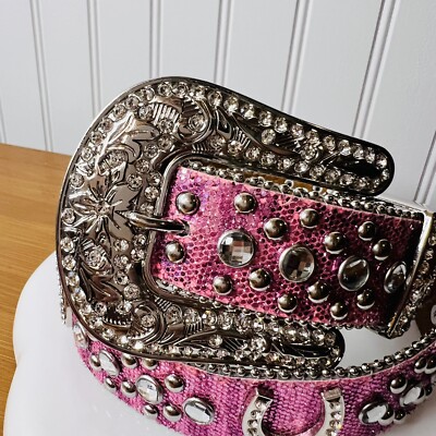 Pink Cowgirl Sz 26 Western Rhinestone Belt Horseshoe Leather