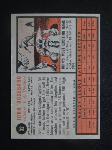 1962 Topps Baseball Card #32 John Roseboro (NM+) - Picture 2 of 2
