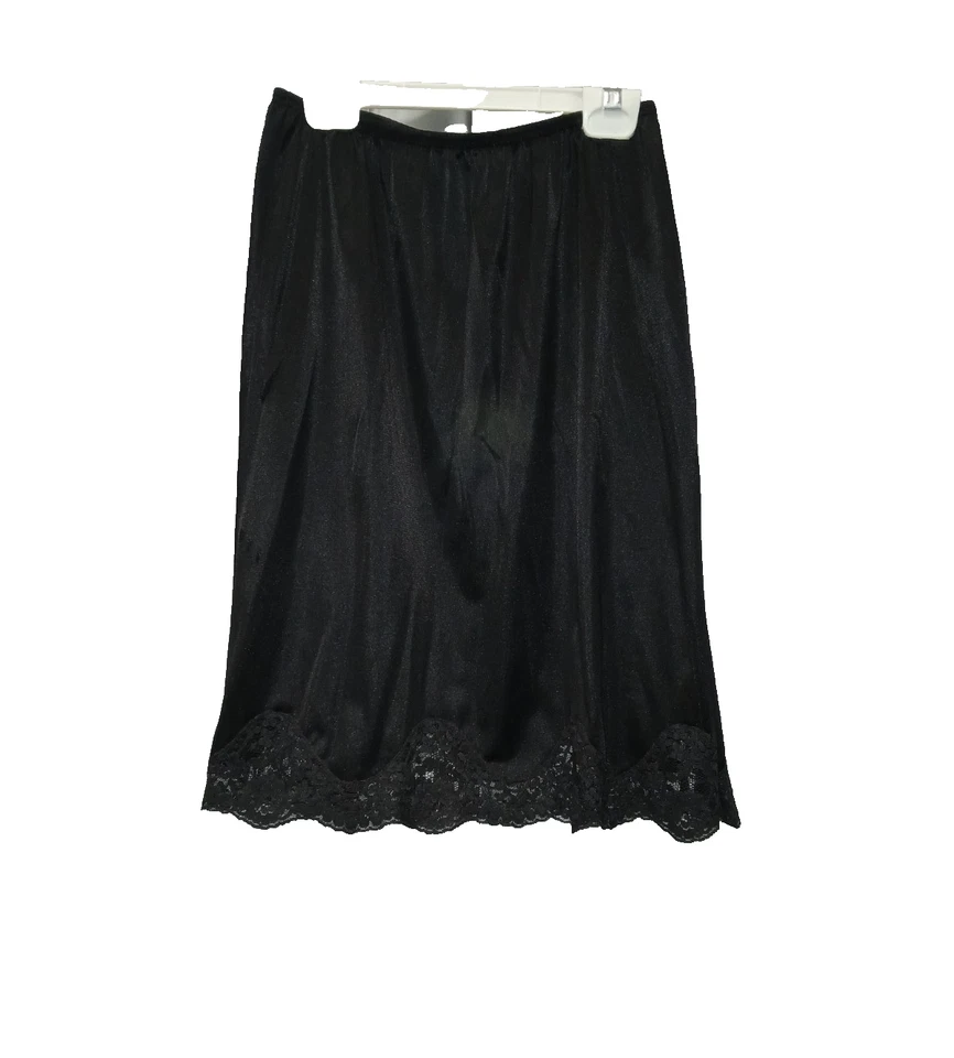复古短半懒人 S 码黑色花边装饰 22 英寸长尼龙 1 开衩衬裙 — 第 3/4 张图片