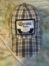 Corona Extra Imported Trucker Snap Back Plaid Cap Hat Logo Patch Mesh Adj. Strap