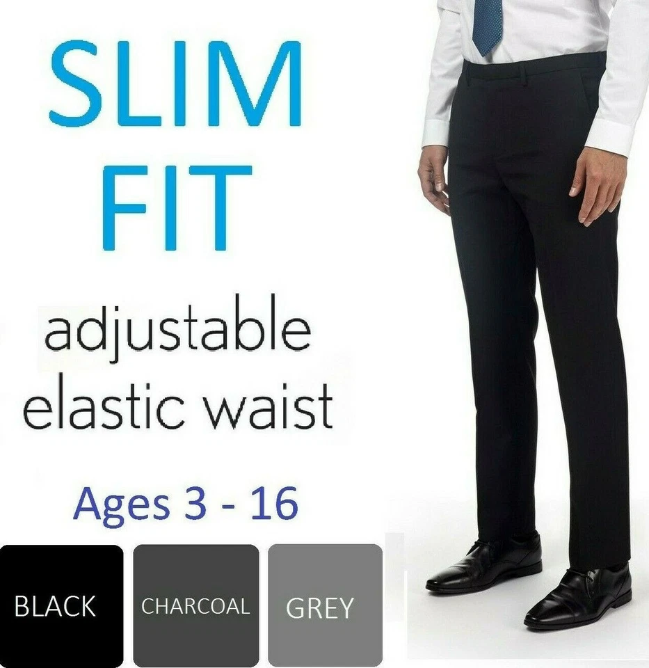 Boys Black Charcoal Grey Slim Fit School Trousers Age 3-16 Adjustable Waist