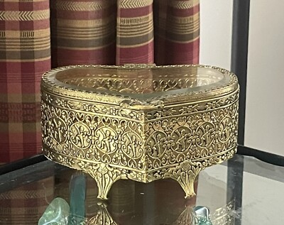 Cherubs Heart Shaped Filigree Ormolu Brass Trinket Box Beveled Glass Antique