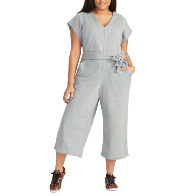 RACHEL ROY NEW Women's Heather Gray Plus Tie Front French Terry Jumpsuit 2X TEDO