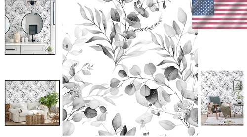 Floral Peel and Stick Wallpaper - Black/Grey/White Eucalyptus 17.7in x 9.8ft - Picture 2 of 11