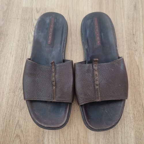 Prada Brown Sliders Size UK 10 Sandals Slip On Holiday Beach Flip Flops Leather