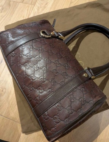 GUCCI GG Mini Boston Zip Hand Bag Leather Dark Brown Gold Hardware