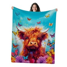 Highland Cow Gifts, Baby Cow 50"x40" Highland Cow With Butterflies and Flowers