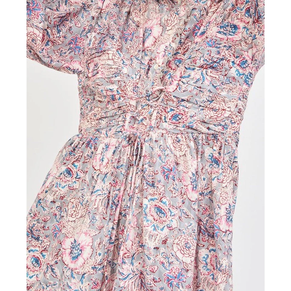 Antik Batik Andre Size 40/US M Blue Floral Cotton Cinched Waist MIDI Dress - Image 2 of 4