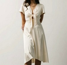 Baltic Born Sz Lar Poppy Satin Midi Dress Front Tie Ivory Flutter Sleeve