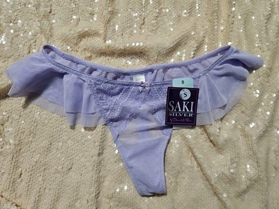 SAKI SILVER, WOMEN'S NEW LAVENDER NYLON BL LACE/MESH ANGEL WING THONG, SIZE S