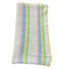 Handmade Crochet Baby Blanket Baby 44x56 Pastel Rainbow Stripe Scalloped Edge