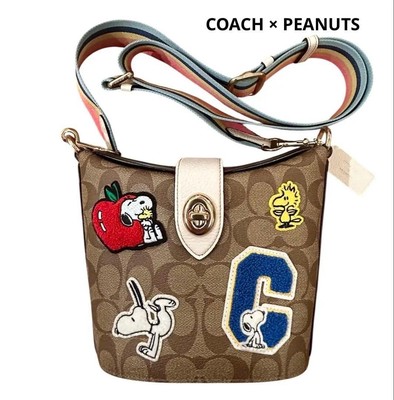 COACH PEANUTS Snoopy Schultertasche Khaki Canvas Leder Gebraucht aus Japan