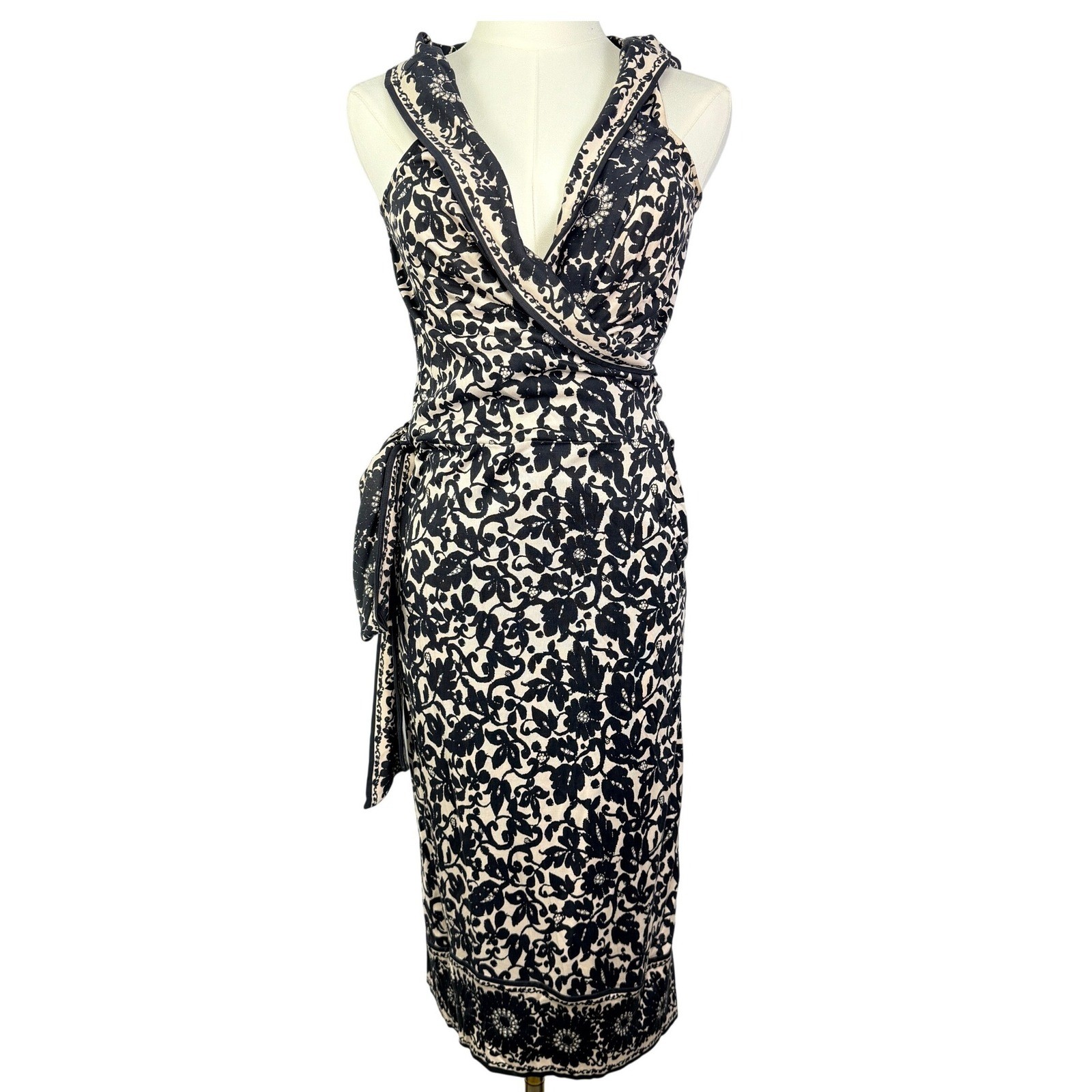 Diane von Furstenberg Silk Wrap Dress Black Cream Floral Sleeveless Size 10