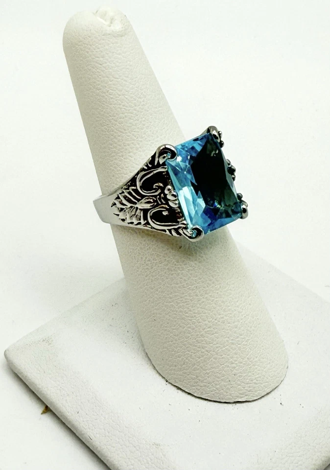 Anillo de acero inoxidable TK316 imitación topacio azul texturizado Art Deco anillo tamaño 6 1/2 Foto 2 de 4