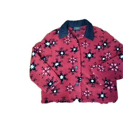 vintage david paul women's fleece Teddy jacket Red Snowflakes Cozy Size Large 