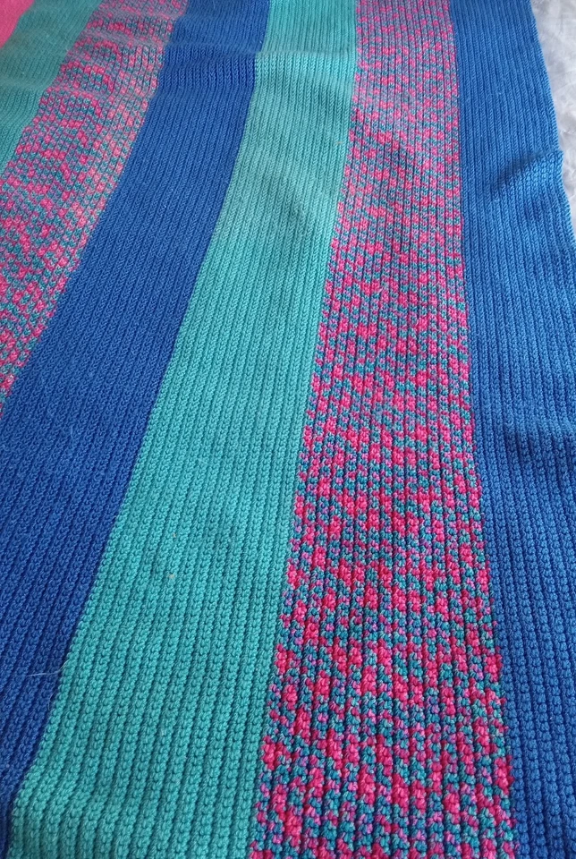 Handmade Afghan Blue Teal Pink Wide Stripe Tight Knit Twin Sz Bright Colors Boho - Image 2 of 4