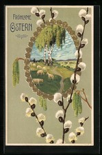 Künstler-AK Schafherde, Weidenkätzchen, Birken an Ostern 