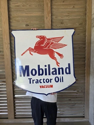 VINTAGE MOBILAND TRACTOR OIL VACUUM PORCELAIN SIGN 30"X29"
