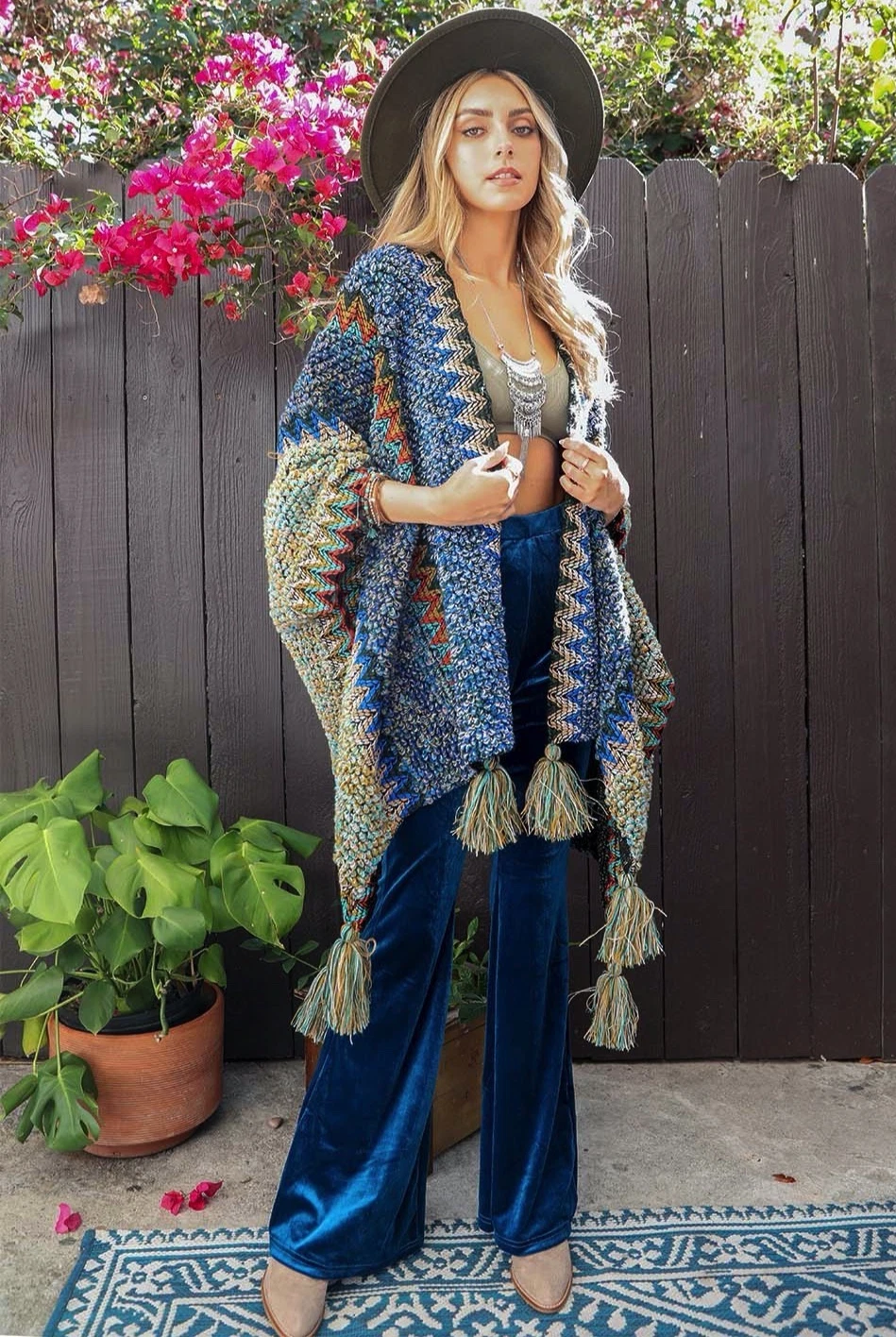 Boho Gypsy Crochet Knit Tassel Ruana Wrap Shawl Cardigan Poncho Sweater Multi S
