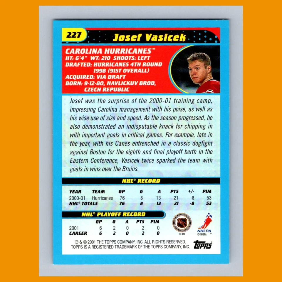 Josef Vasicek #227 2001 Topps Carolina Hurricanes Hockey Card NHL NM - Image 2 of 3