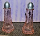 Salt and Pepper Shaker Set Pink Depression Glass with Metal Lids  4-1/2" Tall