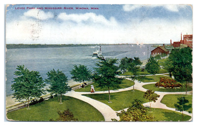 Postcard: LEVEE PArk and MISSISSIPPI RIVER, WINONA, MINN.