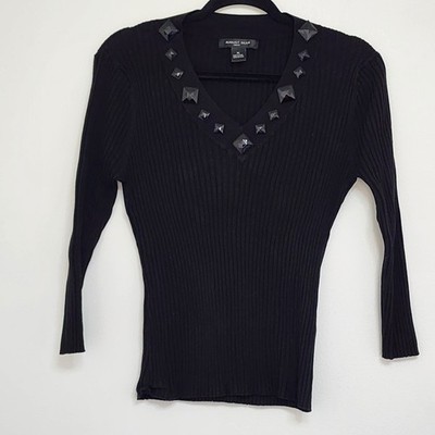 August Silk Knits Women's Ribbed Sweater Top Sz XL V-Neck Black Silk Blended