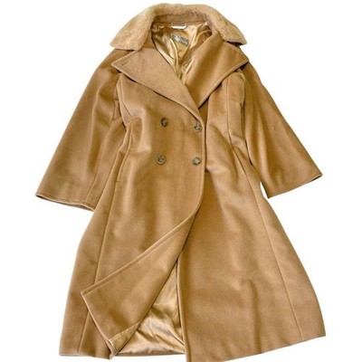 Max Mara Virgin Wool Long Coat Women's Size L Camel Beige Fur Collar JI 42