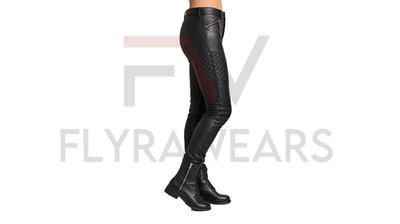 Damen Schwarz Leder Biker Hose Slim Fit Motorradhose Gesteppt Reißverschluss