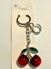 Cherry Bag Charm KeyChain Silver Tone Enamel Glitter