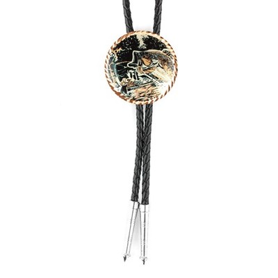 Bass Fisherman Bolo Tie Round Etched Copper 40 inch Black Cord Made in USA