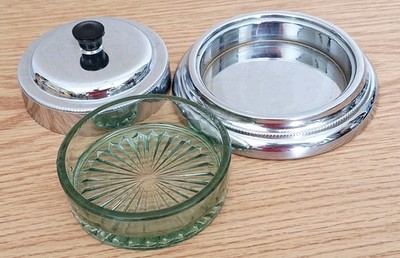 Rare Vintage Art Deco Chrome Trinket Box | Green Sunburst Glass & Bakelite Knob