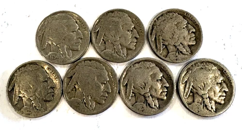 Lot of 7 Indian Head Buffalo Nickel Coins Dated 1920, '29S, '29(2), '23(2), '34