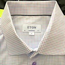 Eton long sleeve dress shirt blue white pink plaid XL 44 17 1/2" cotton