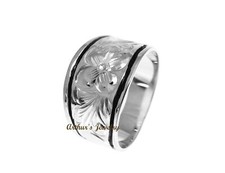 SILVER 925 HAWAIIAN RING PLUMERIA SCROLL 12MM TAPER BAND BLACK BORDER RHODIUM
