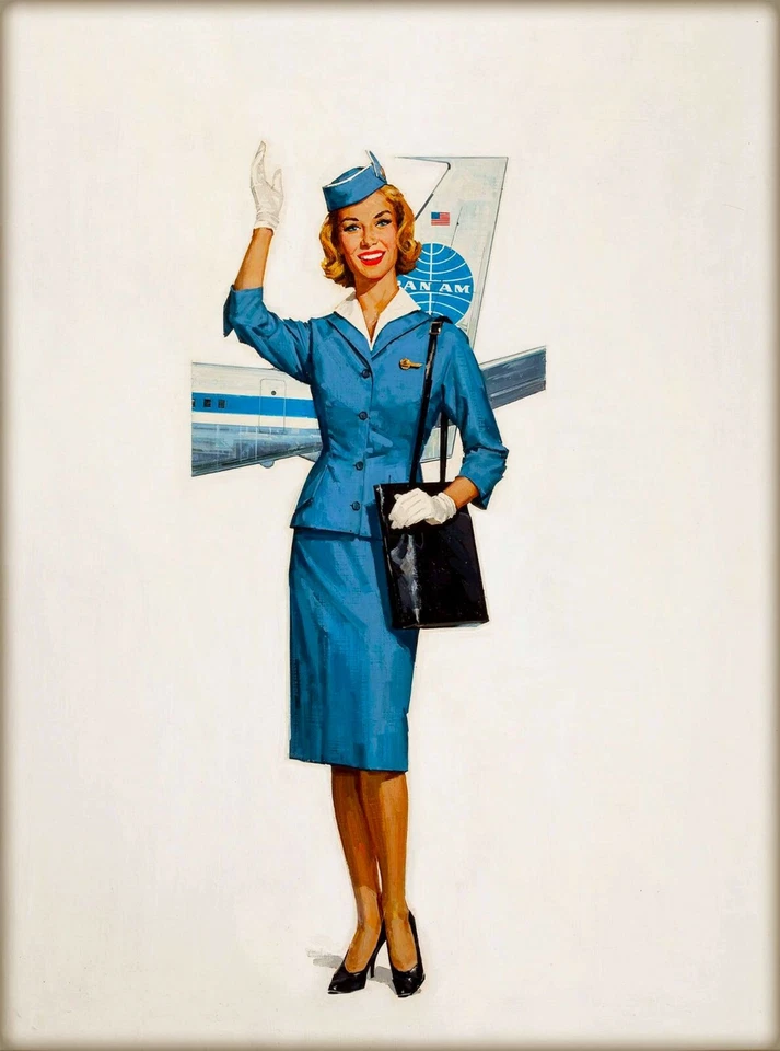 Pan American Stewardess Standing Vintage Travel Advertisement Art Poster Print
