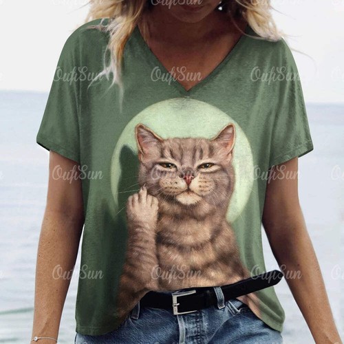 Women’s 3D Cat Print T-Shirt Casual Oversized Tee, Short Sleeve Crew Neck Street - Picture 110 of 124