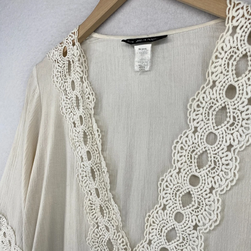 LA BLANCA Tunic PM Gauze Lace Trim Cover Up Deep V-Neck 3/4 Sleeve Off White - Image 2 of 4