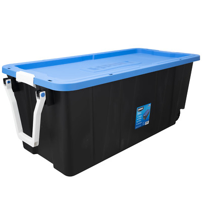 50 Gallon Wheeled Plastic Storage Bin Container, Black with Blue Lid