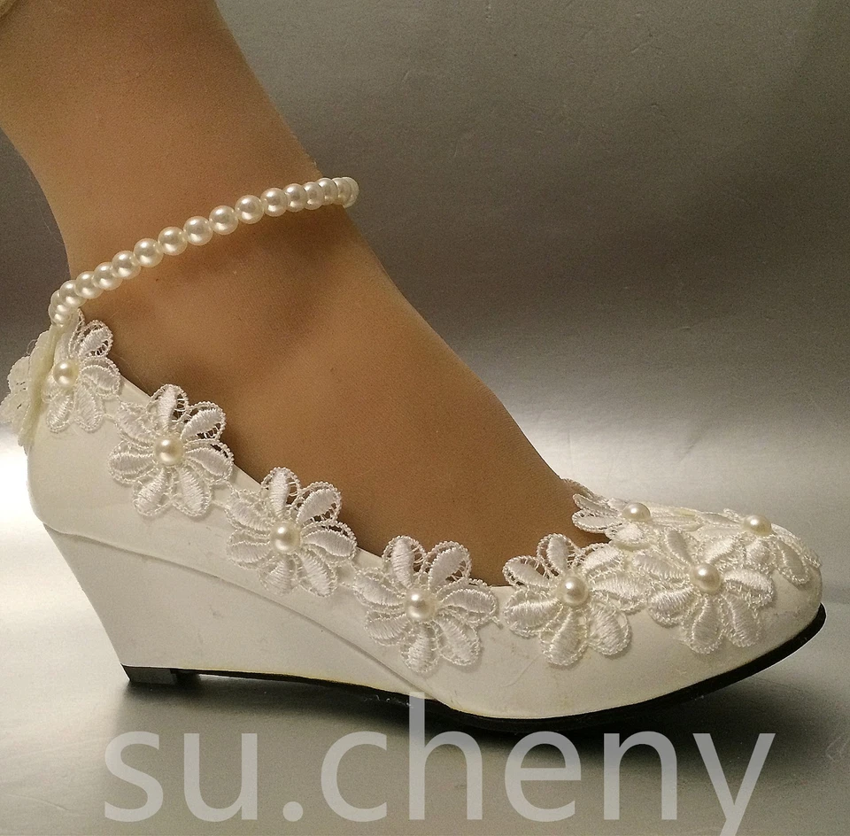 su.cheny White light ivory snow wedges pearls anklet lace Wedding Bridal shoes - Image 2 of 4