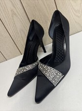VINTAGE VALERIE STEVENS Black RHINESTONE PEARL SATIN Stiletto PUMPS Shoes Sz 9M