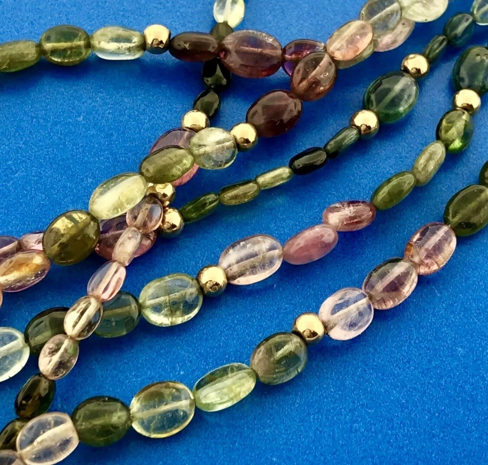 14K 黄金多色碧玺珠 3股项链 — 第 2/4 张图片